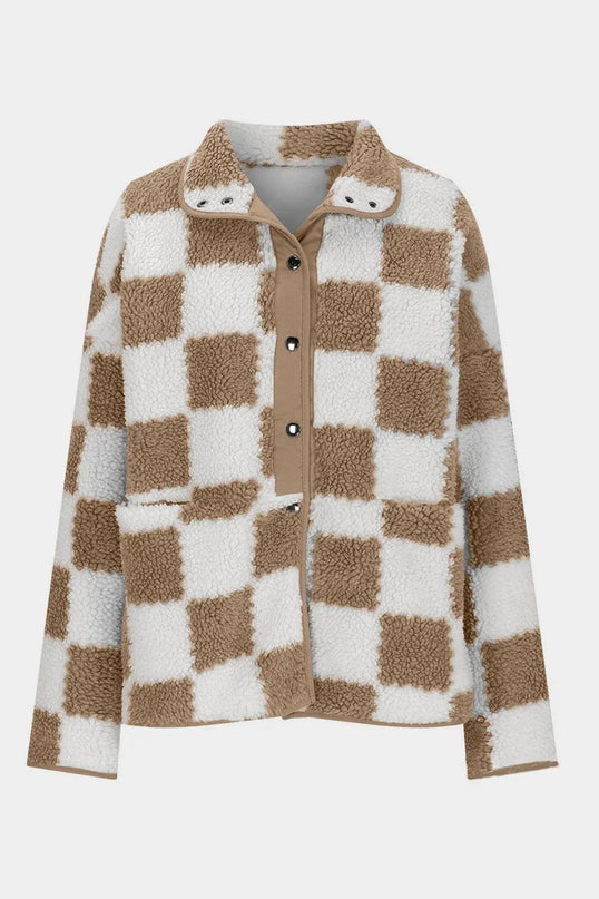 Checkered Snap Down Long Sleeve Teddy Jacket - ShopEasier