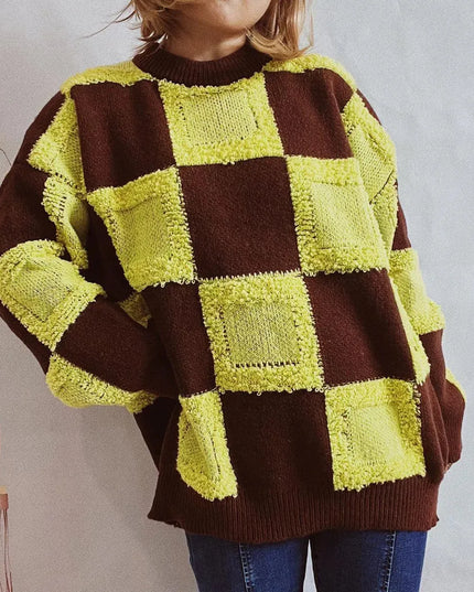 Checkered Round Neck Long Sleeve Sweater - ShopEasier