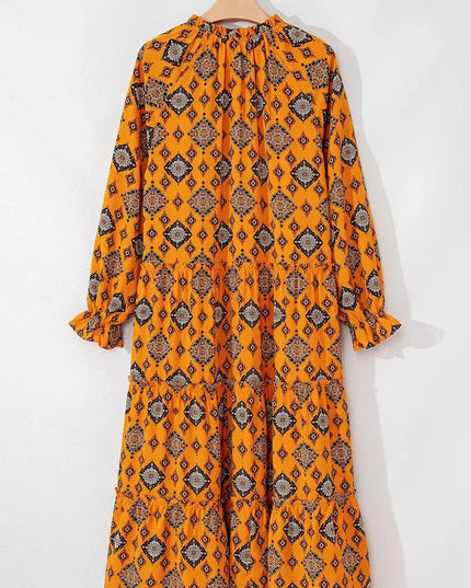 Frill Printed Tie Neck Long Sleeve Dress - ShopEasier