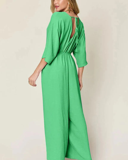 Double Take Full Size Surplice Wide Leg Jumpsuit with Pockets - ShopEasier