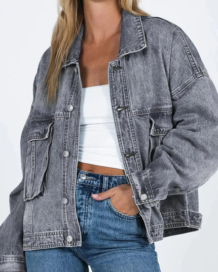 Collared Neck Button Up Denim Jacket - ShopEasier