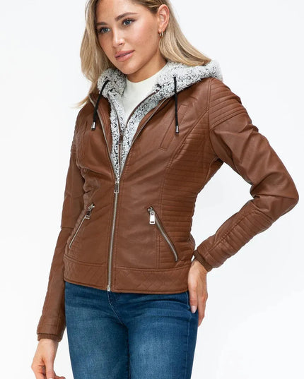 YMI Faux Layered Double-Zipper Jacket with Fuzzy Hood - ShopEasier