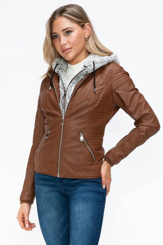 YMI Faux Layered Double-Zipper Jacket with Fuzzy Hood - ShopEasier