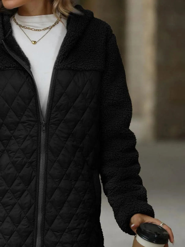 Textured Hooded Zip-Up Coat with Long Sleeves