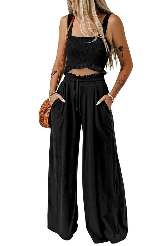 Chic Square Neck Crop Top and Flare Pants Ensemble