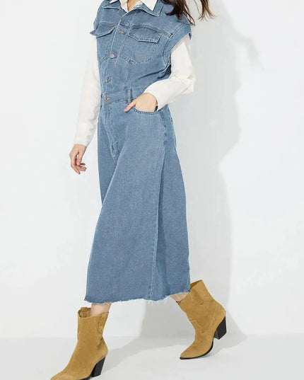 Slit Half Button Collared Neck Cap Sleeve Denim Dress - ShopEasier