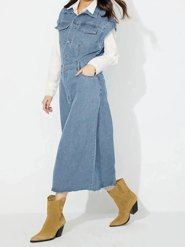 Slit Half Button Collared Neck Cap Sleeve Denim Dress - ShopEasier