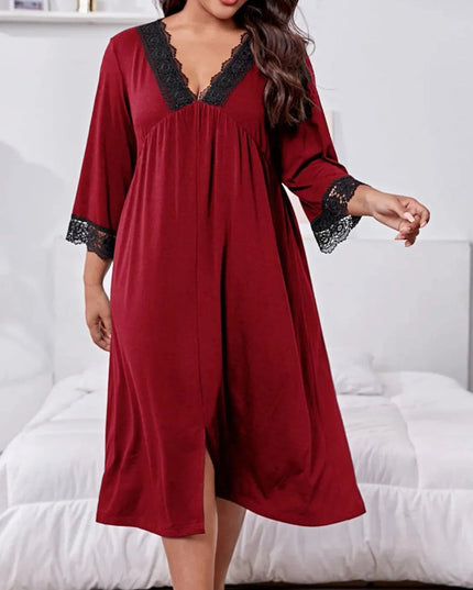 Plus Size Lace Detail V-Neck Lounge Dress