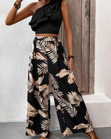 Honey Ruffled Sleeveless Blouse and Patterned Trousers Set