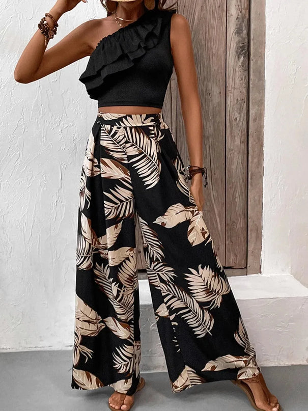 Honey Ruffled Sleeveless Blouse and Patterned Trousers Set