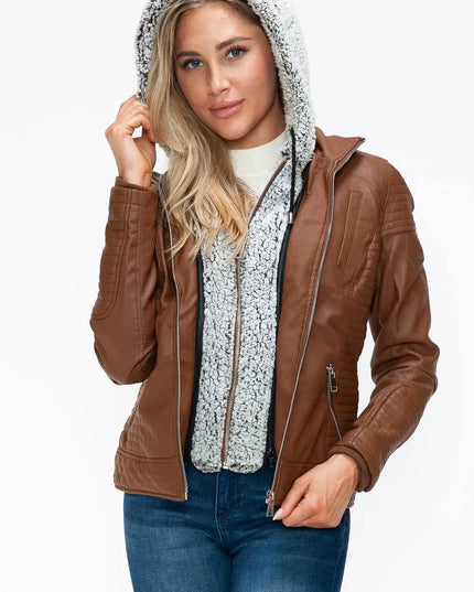 YMI Faux Layered Double-Zipper Jacket with Fuzzy Hood - ShopEasier