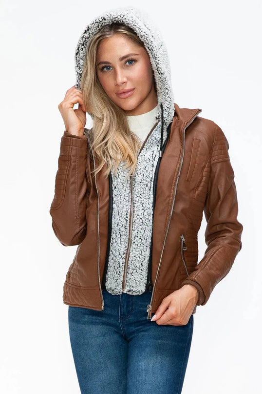 YMI Faux Layered Double-Zipper Jacket with Fuzzy Hood - ShopEasier