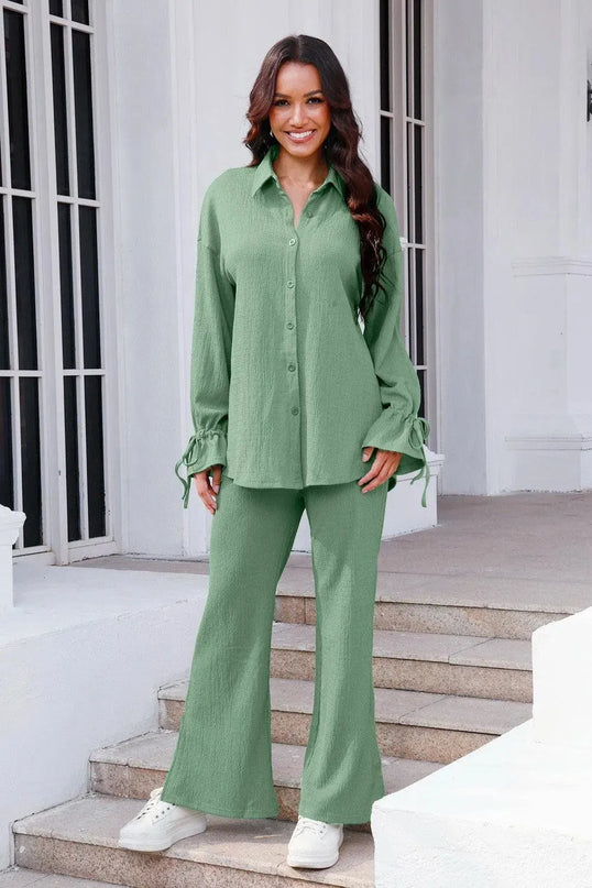 Flouncy Sleeve Drawstring Top and Pant Duo Set