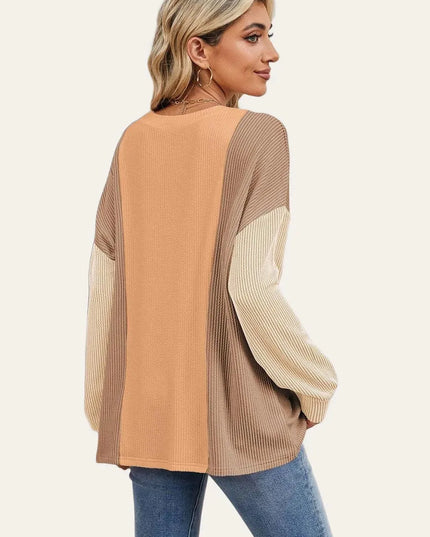 Textured Contrast Long Sleeve Round Neck Tee