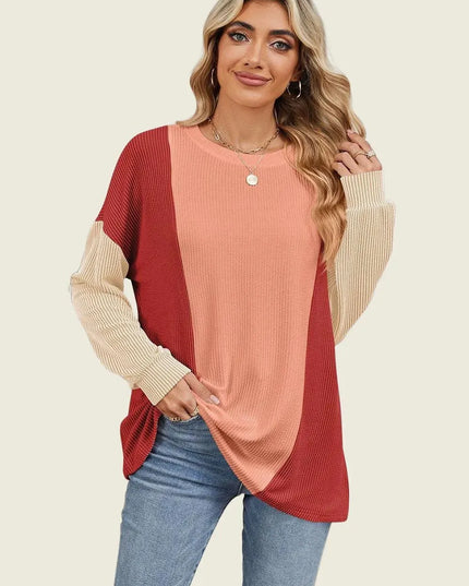 Textured Contrast Long Sleeve Round Neck Tee