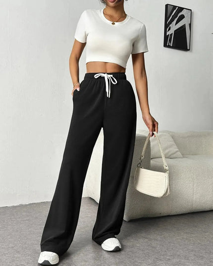 Drawstring Wide Leg Pants with Pockets