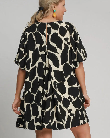 Umgee Full Size Two Tone Abstract Print Puff Sleeve Dress Plus Size