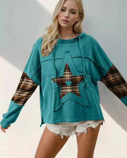 Plaid Star Patch Long Sleeve Hoodie with Drawstring Detail