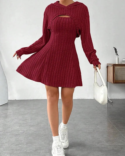 Wide Strap Dress and Long Sleeve Hooded Top Set