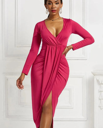 High-low Ruched Surplice Long Sleeve Dress