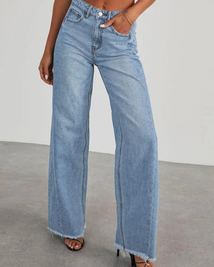 Raw Hem Wide Leg Jeans with Pockets - ShopEasier