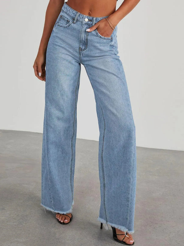 Raw Hem Wide Leg Jeans with Pockets - ShopEasier