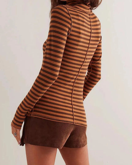 Striped Turtleneck Long Sleeve Tee with Exposed Seams