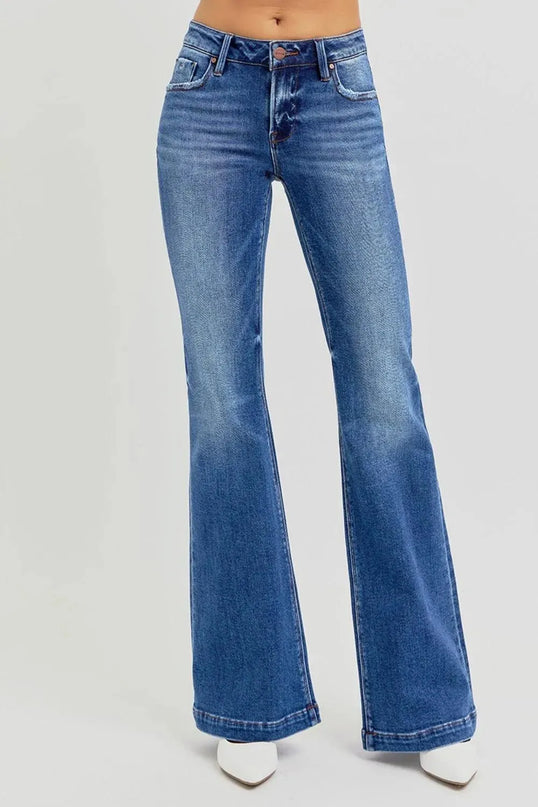 RISEN Full Size Low Rise Flare Jeans with Pockets - ShopEasier