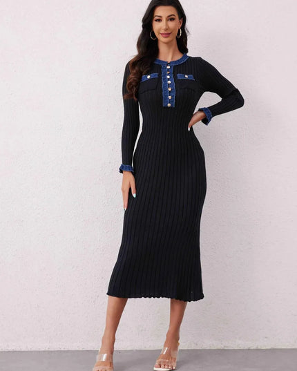 Contrast Trim Round Neck Long Sleeve Sweater Dress