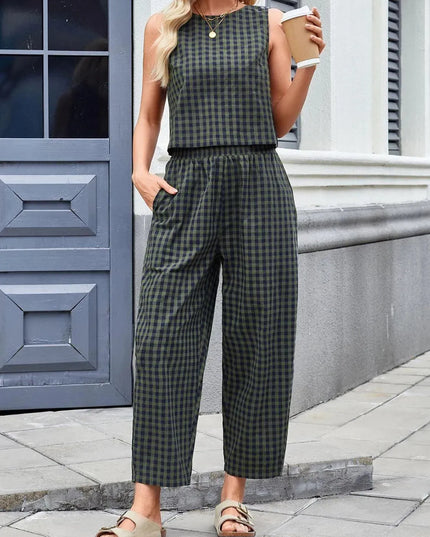 Lovelet Plaid Round Neck Sleeveless Top and Pants Set