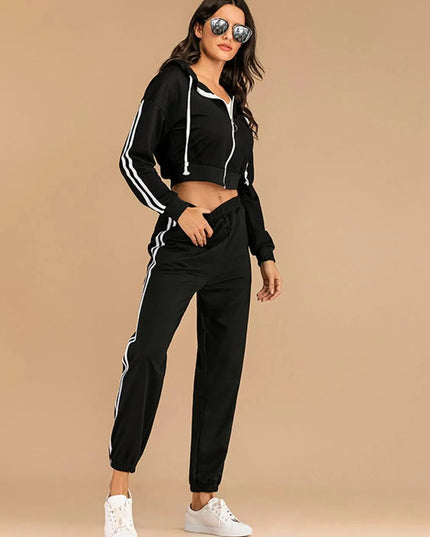 Perfee Drawstring Side Stripe Zip Up Hooded Top and Pants Set - ShopEasier