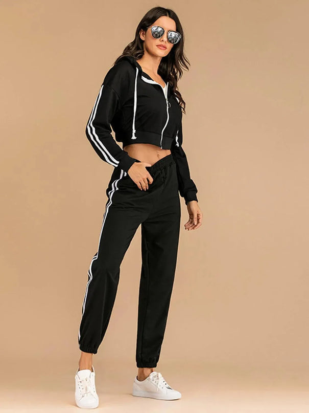 Perfee Drawstring Side Stripe Zip Up Hooded Top and Pants Set - ShopEasier