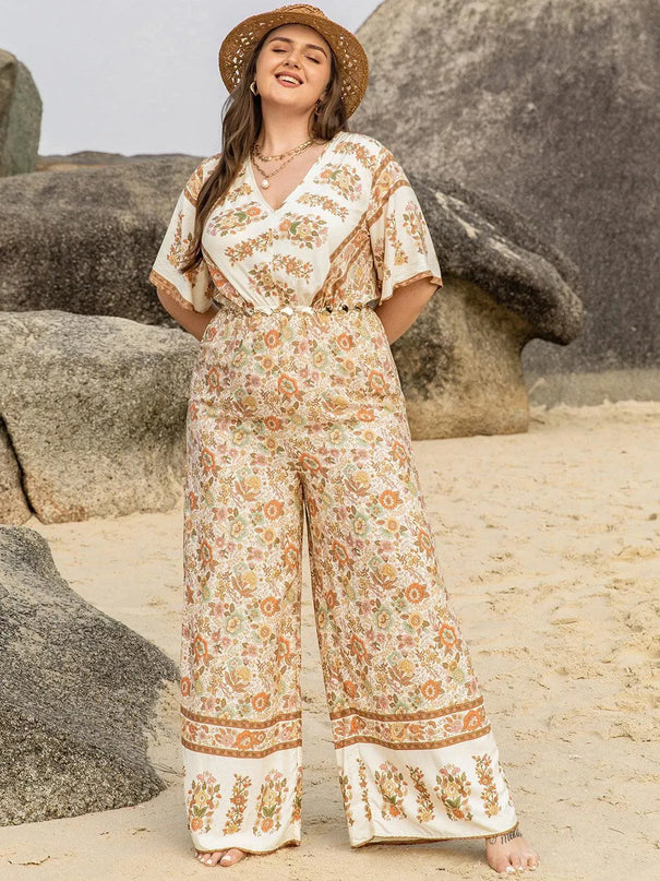 Plus Size V-Neck Flutter Sleeve Wide Leg Jumpsuit - ShopEasier