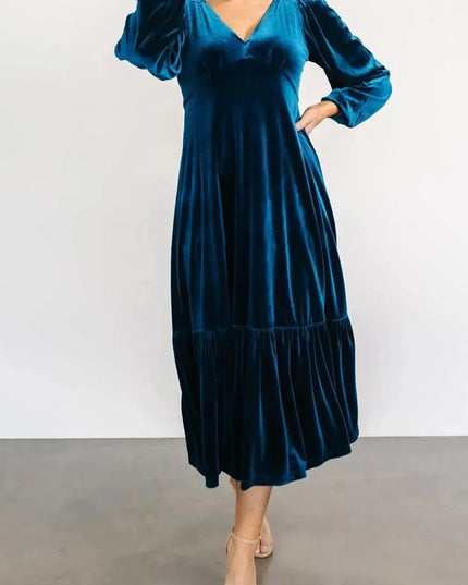 V-Neck Long Sleeve Midi Velvet Dress