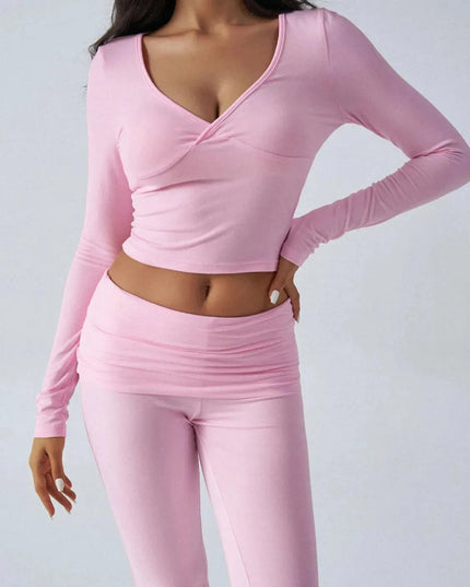 Chic Ruched Long Sleeve Top and Pants Ensemble