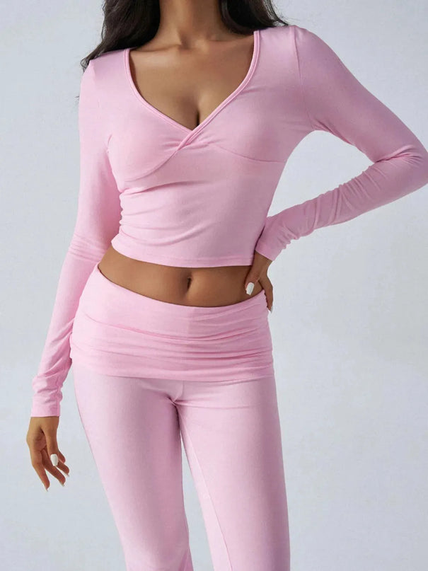 Chic Ruched Long Sleeve Top and Pants Ensemble