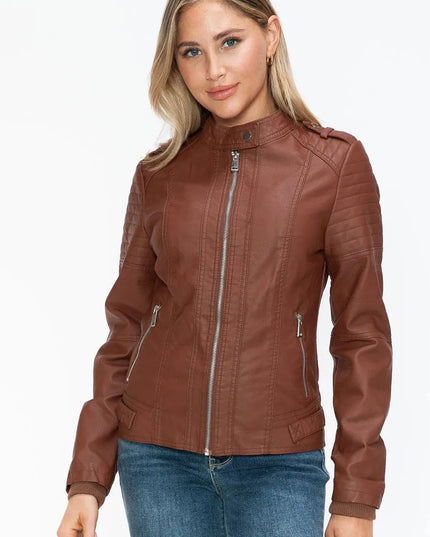 Snobbish PU Leather Biker Jacket with Side Zip Pockets - ShopEasier