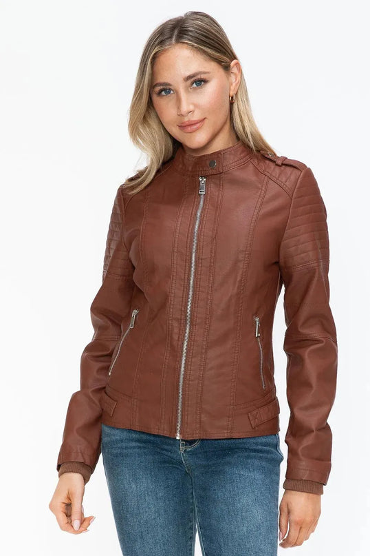 Snobbish PU Leather Biker Jacket with Side Zip Pockets - ShopEasier