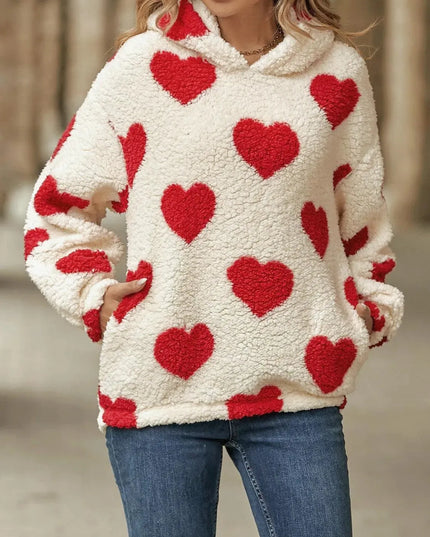 Fuzzy Heart Pocketed Dropped Shoulder Hoodie - ShopEasier