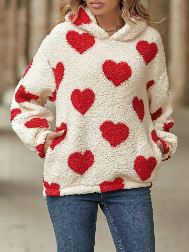 Fuzzy Heart Pocketed Dropped Shoulder Hoodie - ShopEasier