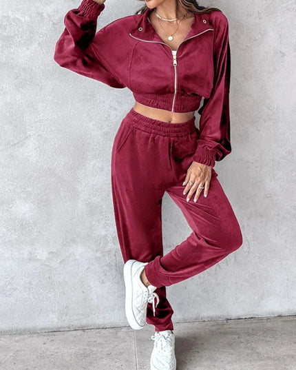 Zip Up Long Sleeve Cropped Top and Joggers Set - ShopEasier