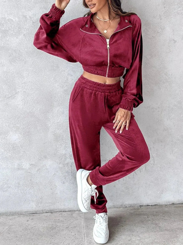 Zip Up Long Sleeve Cropped Top and Joggers Set - ShopEasier