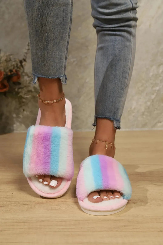 Faux Fur Color Block Open Toe PVC Slides