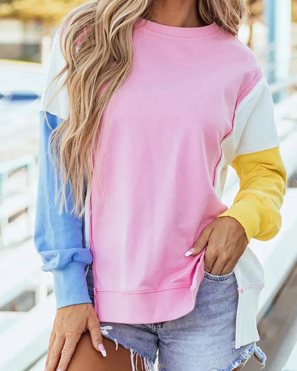 High-Low Slit Opaque Long Sleeve Sweatshirt with Round Neck