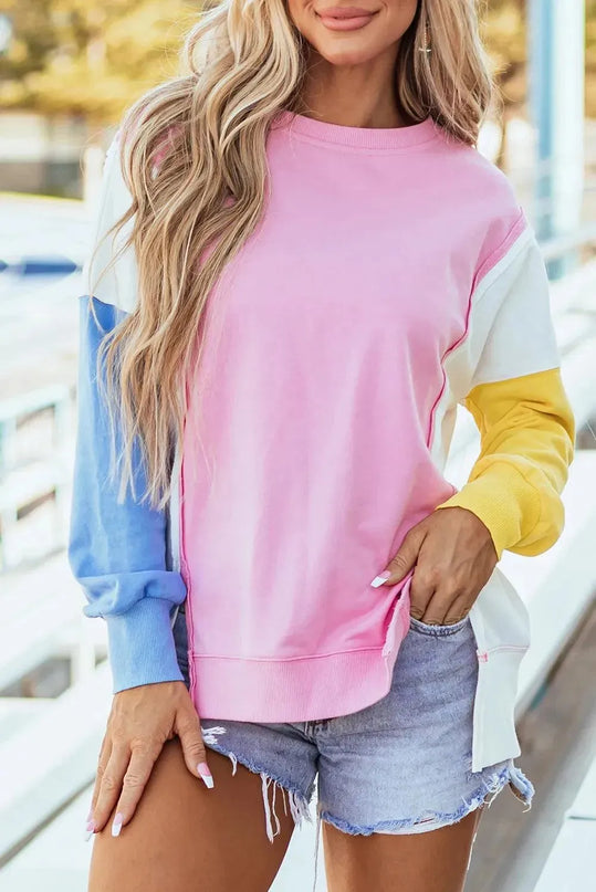 High-Low Slit Opaque Long Sleeve Sweatshirt with Round Neck