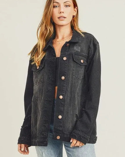 RISEN Full Size Distressed Long Sleeve Denim Jacket - ShopEasier