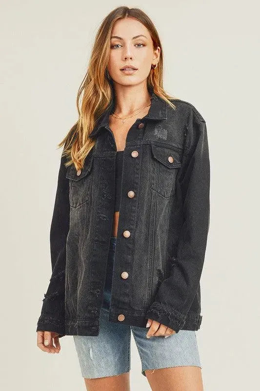 RISEN Full Size Distressed Long Sleeve Denim Jacket - ShopEasier