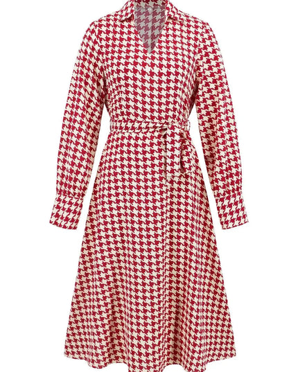 Tied Houndstooth Long Sleeve Midi Dress