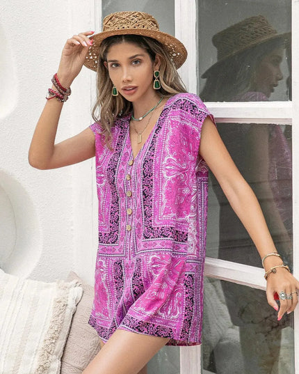 Printed V-Neck Cap Sleeve Romper - ShopEasier