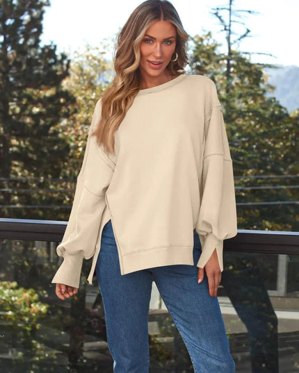 Slit Round Neck Long Sleeve Sweatshirt - ShopEasier